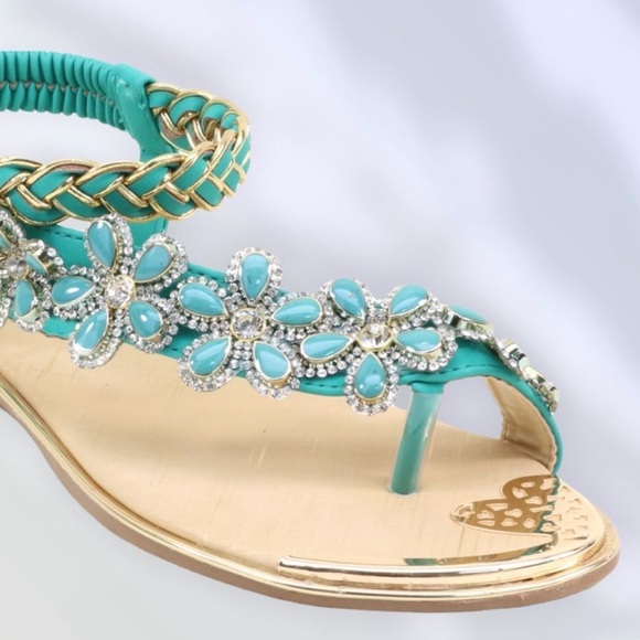 New Color! Italina Blue Floral Rhinestone Embellished Toe Ring Sandal - Picture 6 of 10